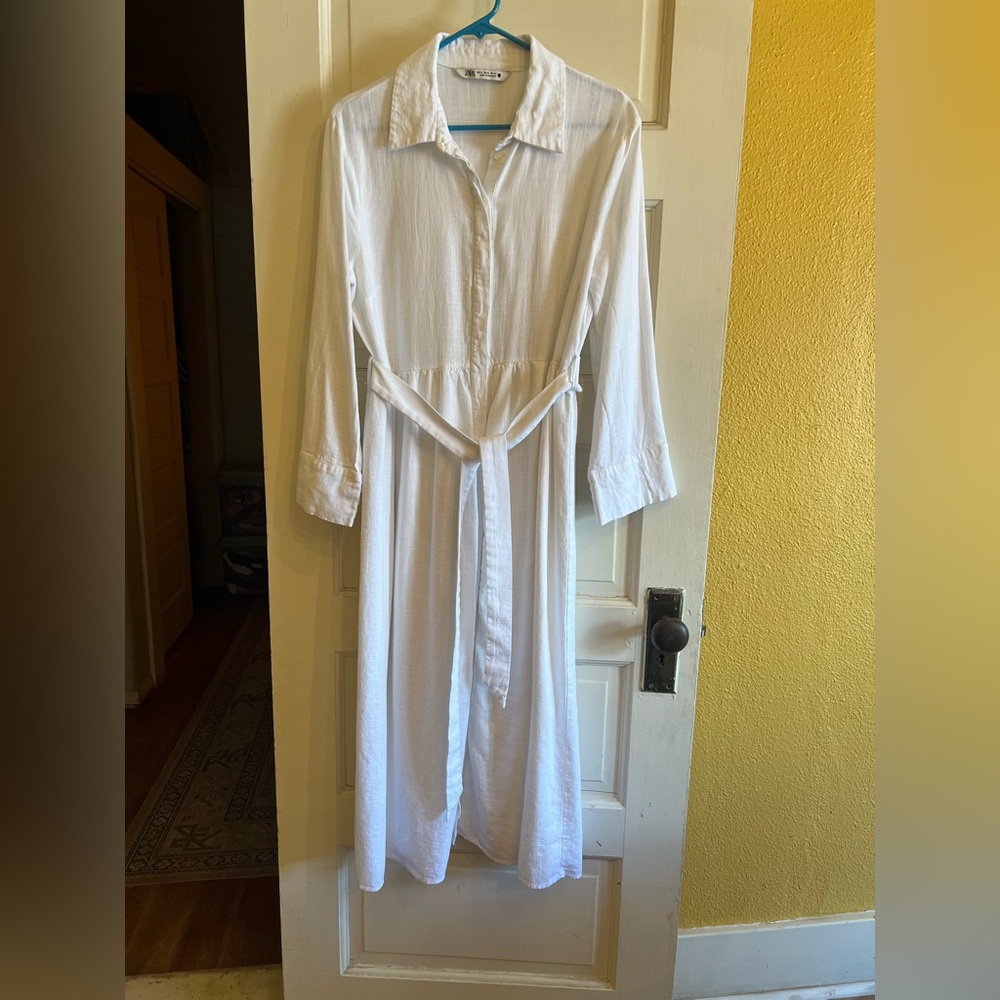 Zara 100% Cotton White Button-Down Shirt Dress w/ Waist Tie | size XL